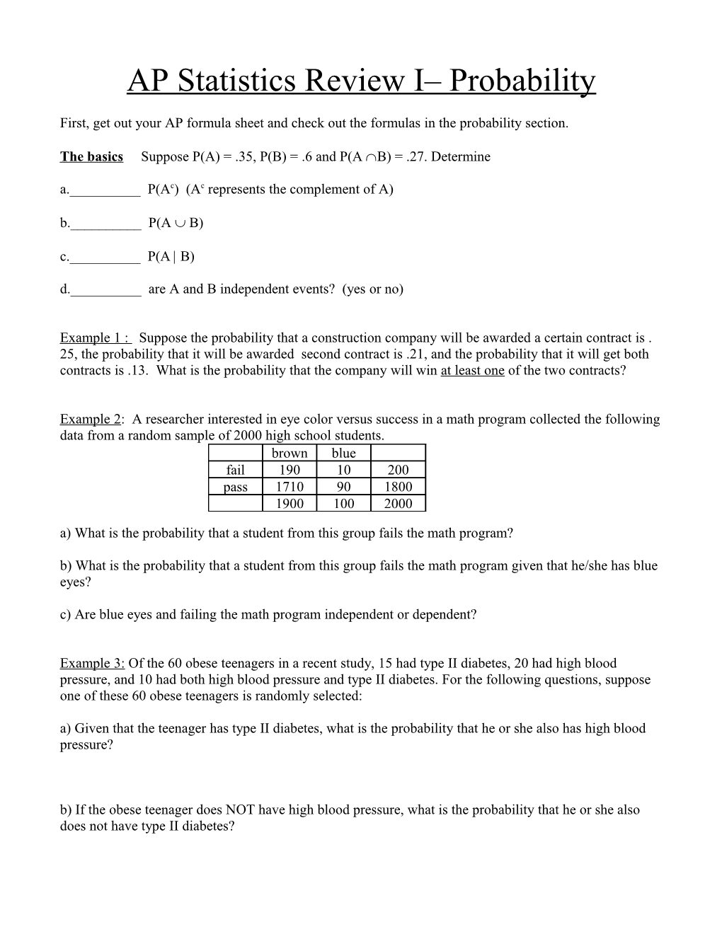 AP Statistics Review Probability