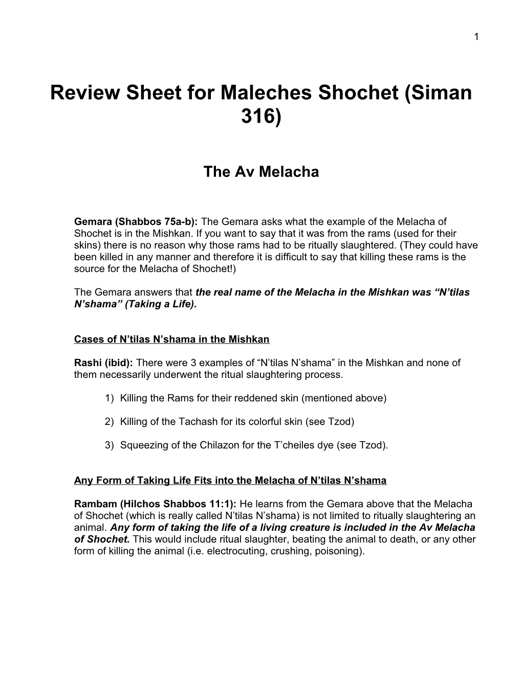 Review Sheet for Maleches Shochet (Siman 316)