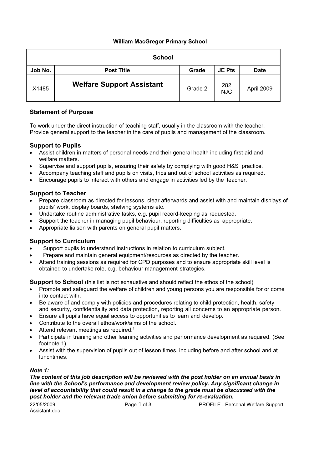 Personal Welfare Support Assistant JD & Person Spec