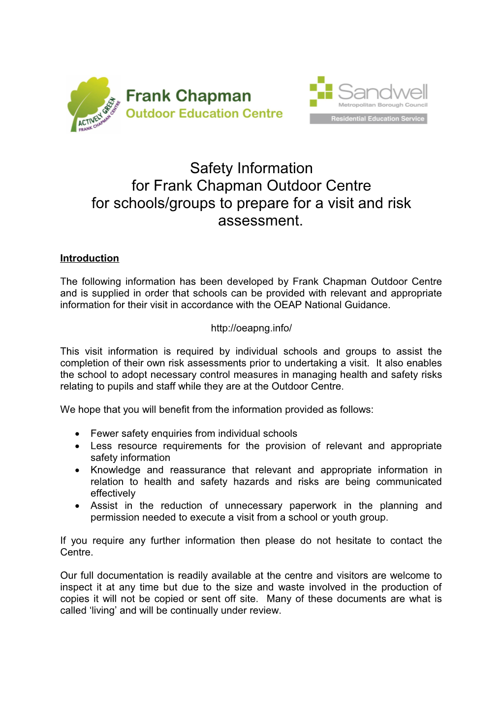 Venue Safety Information for Provision to Schools for Visits