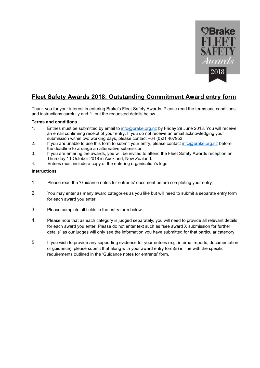 Fleet Safety Awards 2018: Outstanding Commitment Award Entry Form