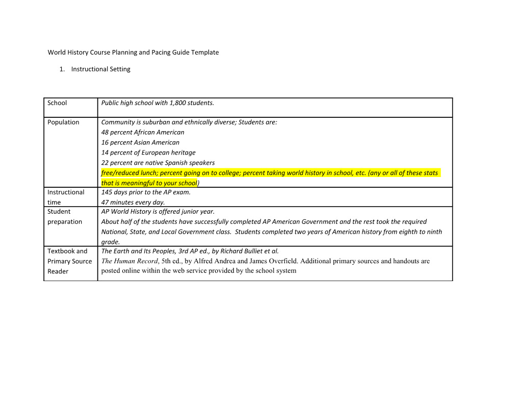 World History Course Planning and Pacing Guide Template