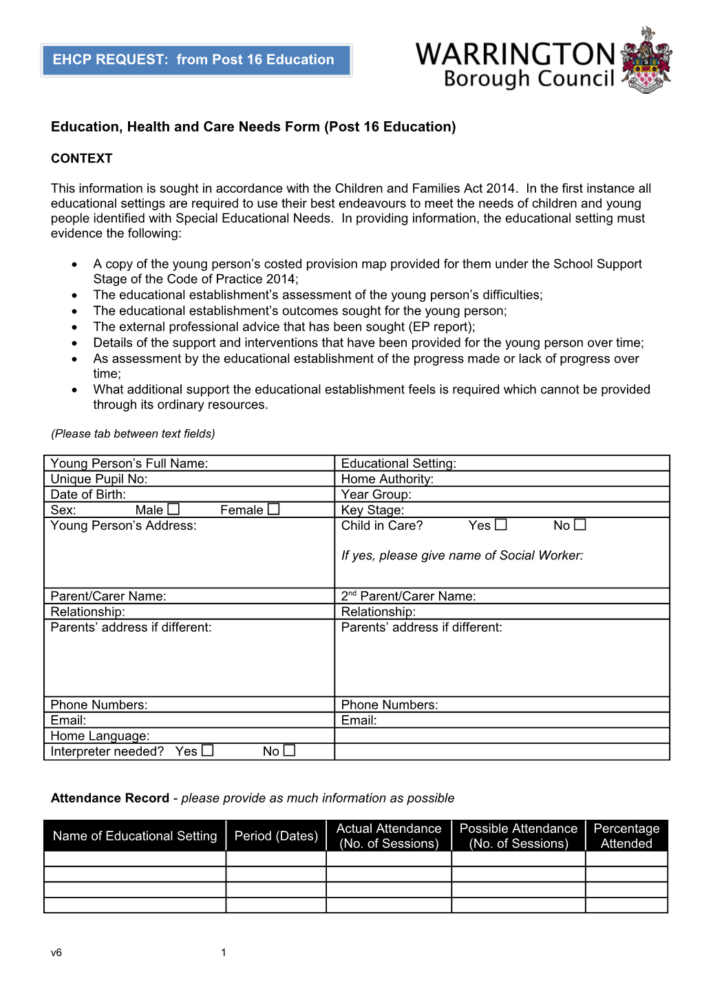 Education, Health and Care Needs Form (Post 16 Education)