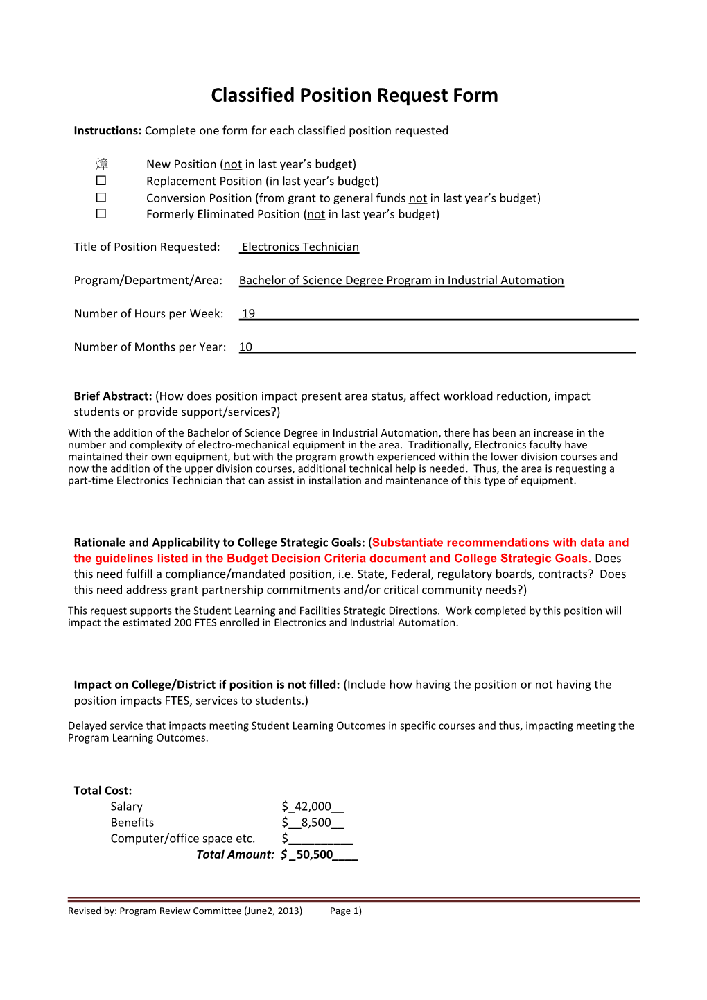 Classified Position Request Form