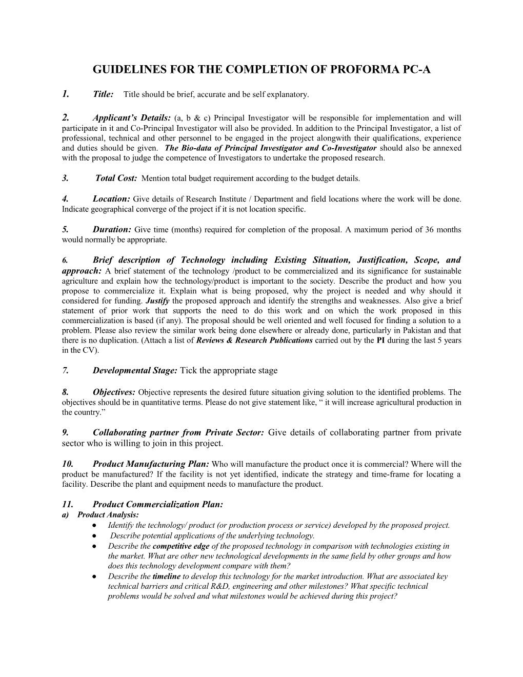 Guidelines for the Completion of Proforma Pc-A