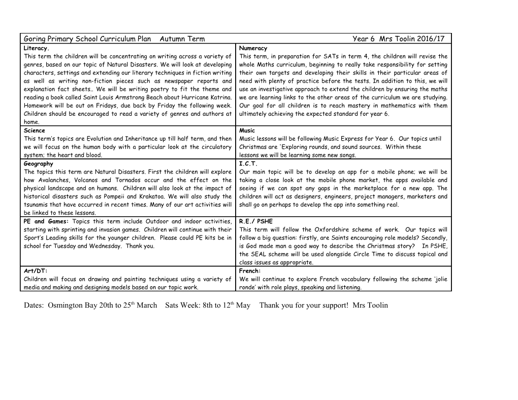 Curriculum Plan Autumn Term Class 4 Year 5/6 Sarah Nesling 200