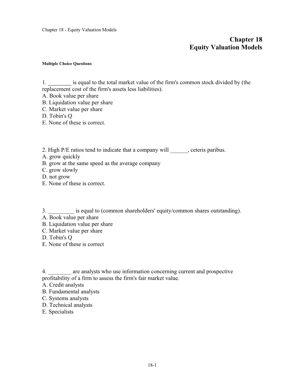 Chapter 18 Equity Valuation Models