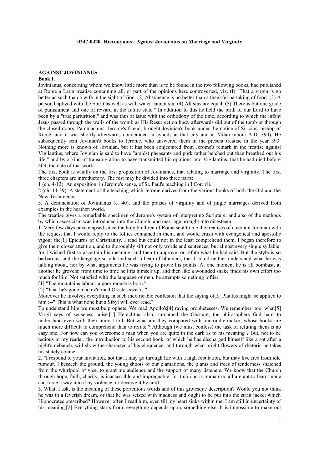 0347-0420- Hieronymus - Against Jovinianus on Marriage and Virginity