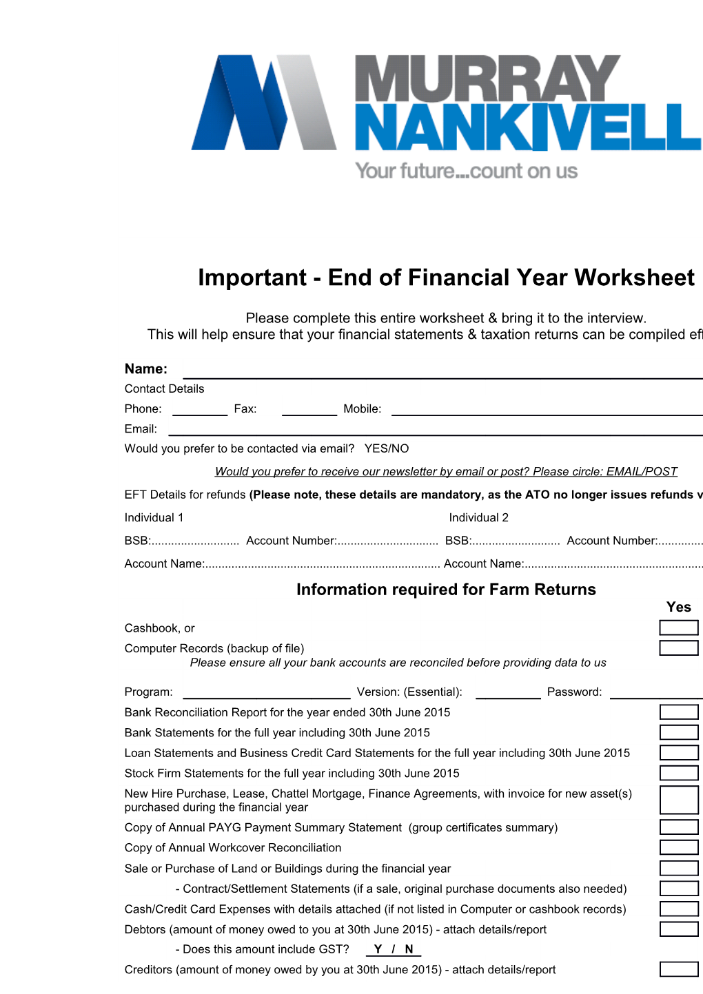 Important - End of Financial Year Worksheet