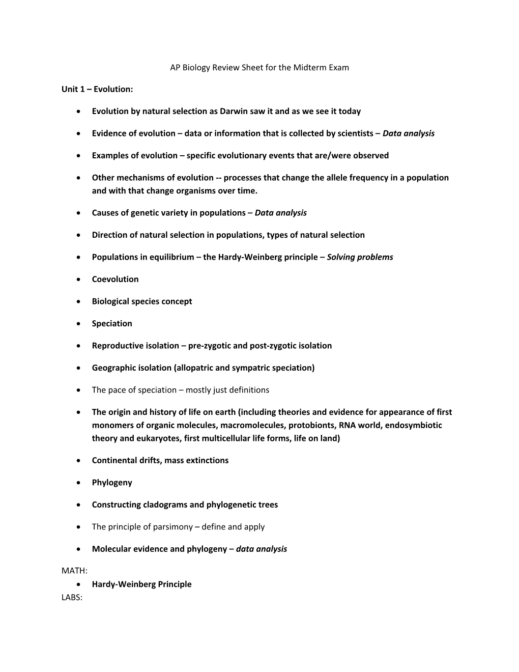 AP Biology Review Sheet for the Midterm Exam