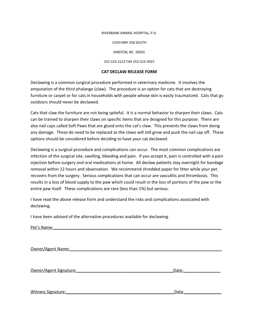 Cat Declaw Release Form