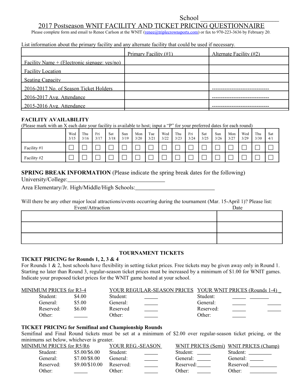 2017 Postseason WNIT FACILITY and TICKET PRICING QUESTIONNAIRE