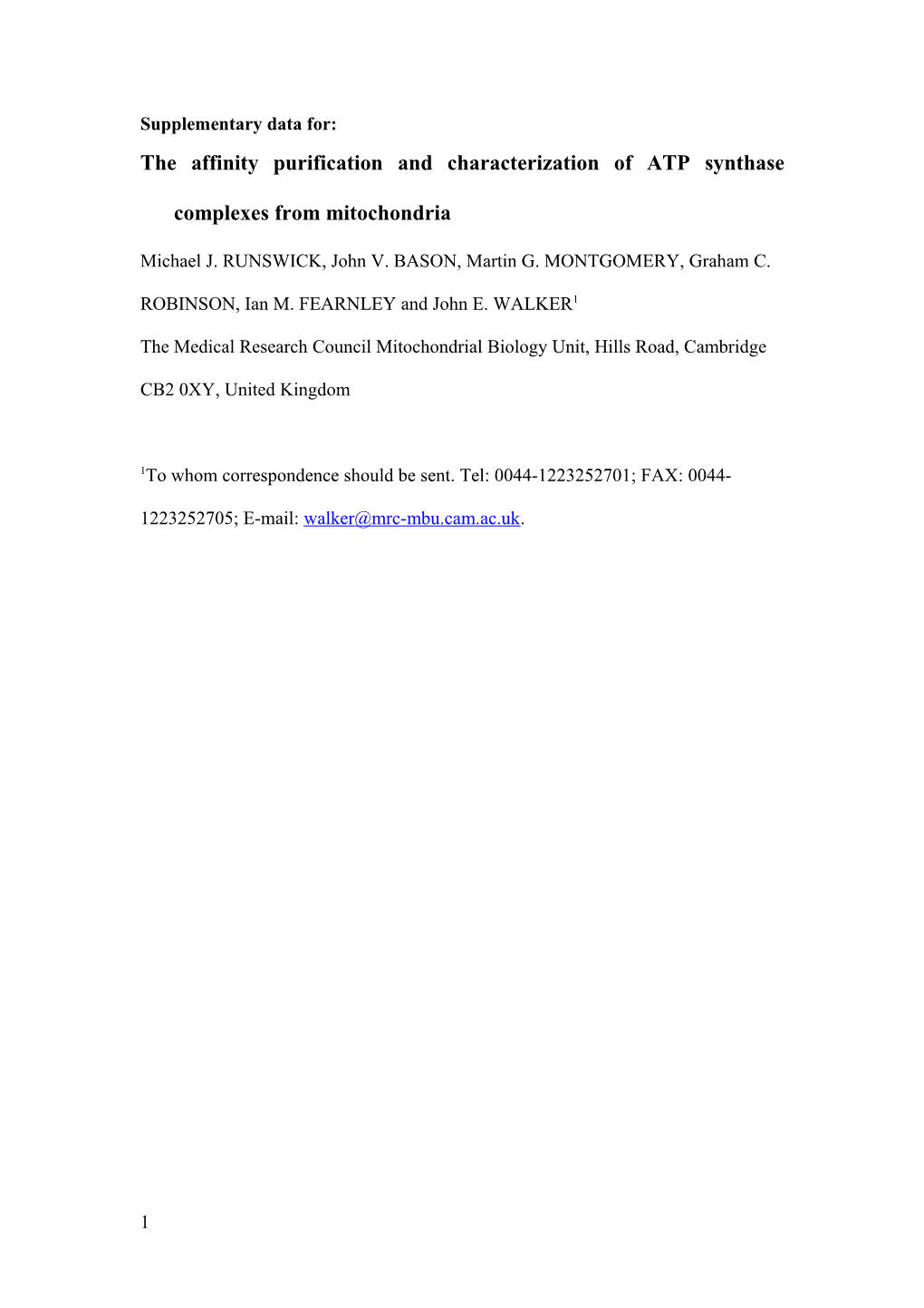 The Affinity Purification and Characterization of ATP Synthase Complexes from Mitochondria