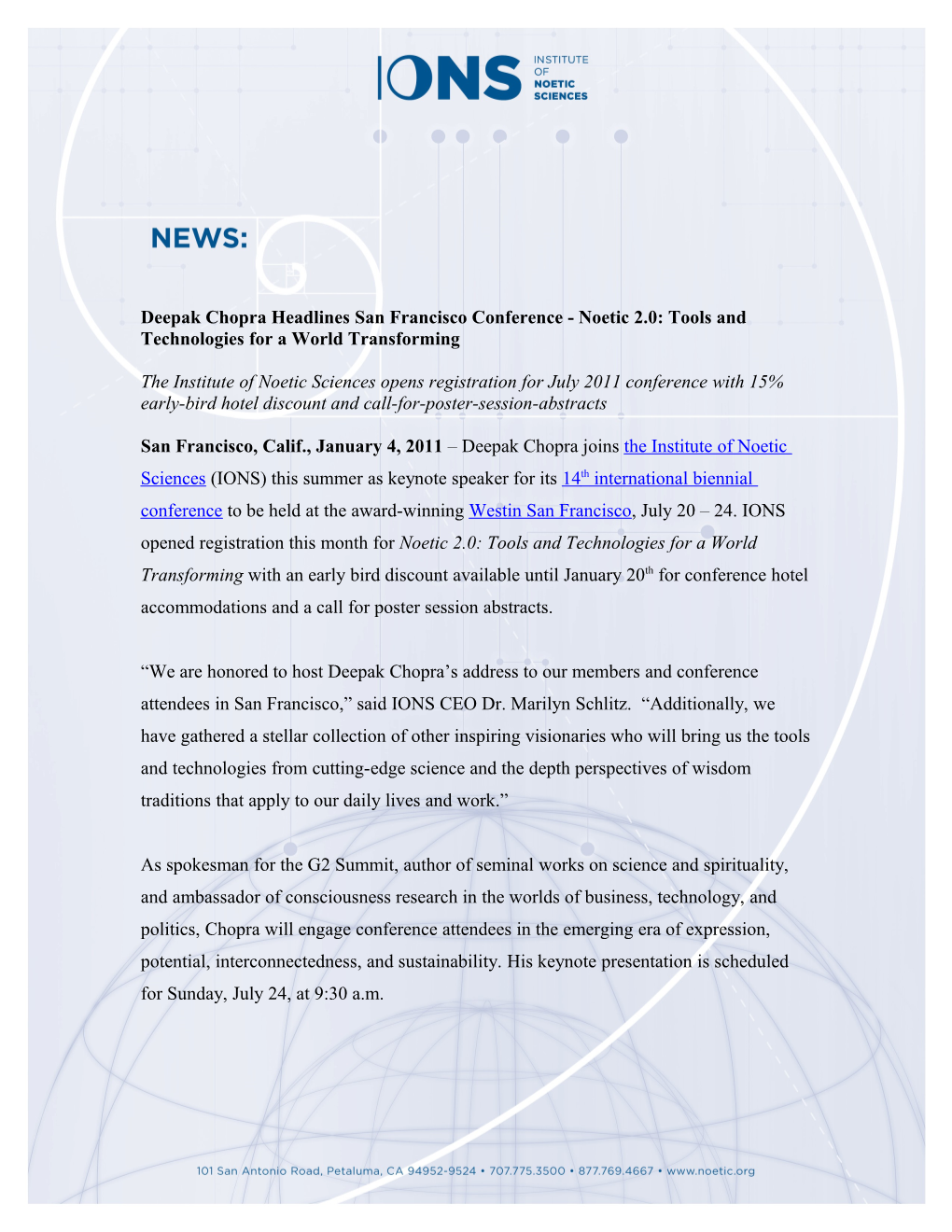 Deepak Chopra Headlines San Francisco Conference - Noetic 2.0: Tools and Technologies