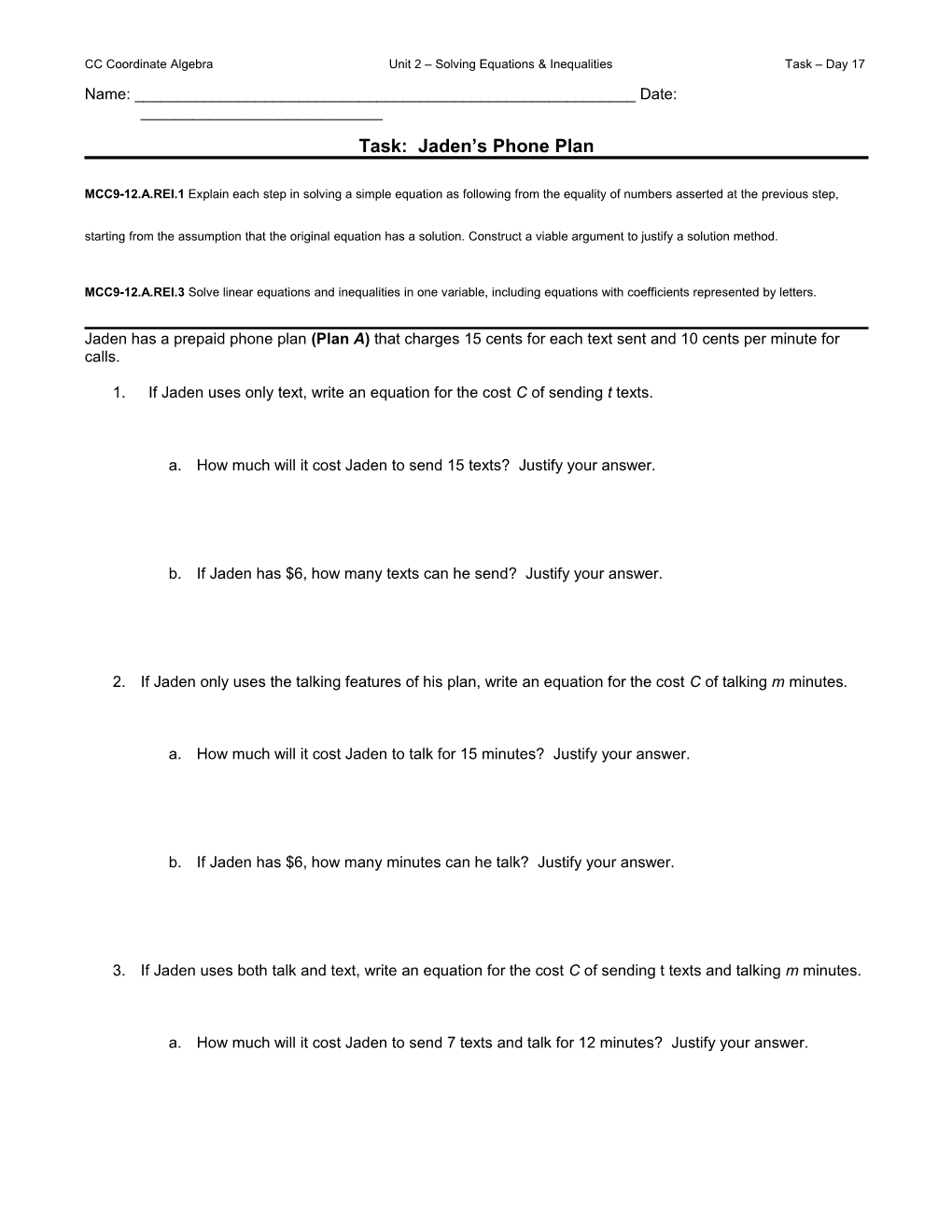 CC Coordinate Algebra Unit 2 Solving Equations & Inequalities Task Day 17