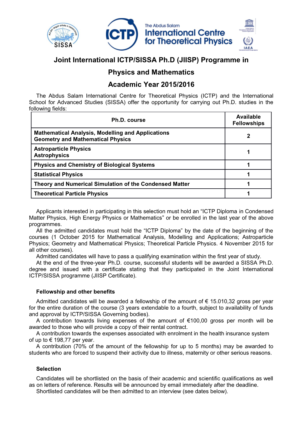 Joint International ICTP/SISSA Ph.D (JIISP) Programme In