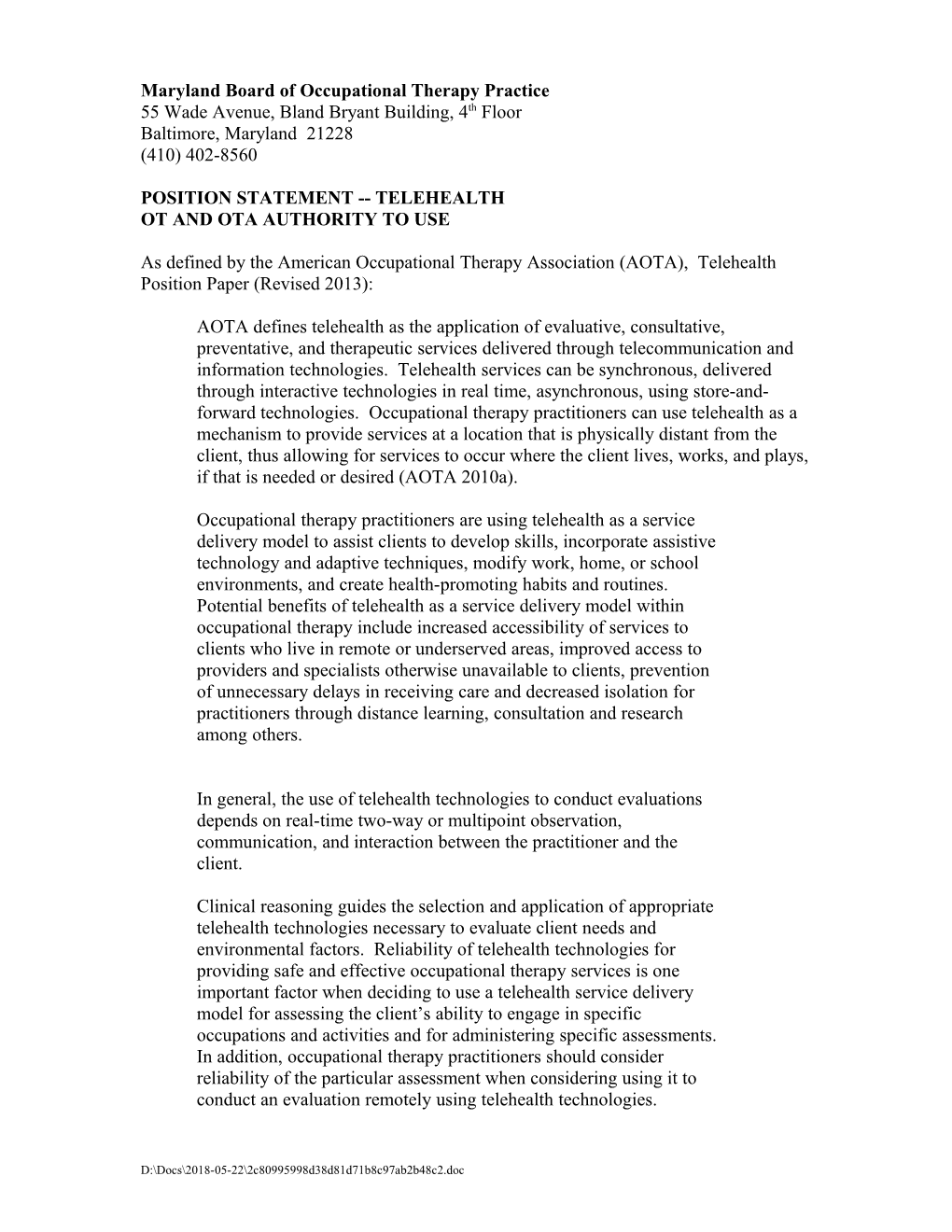 Telehealth Position Statement