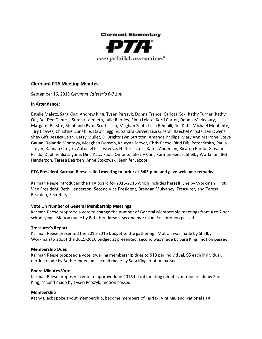 Clermont PTA Meeting Minutes