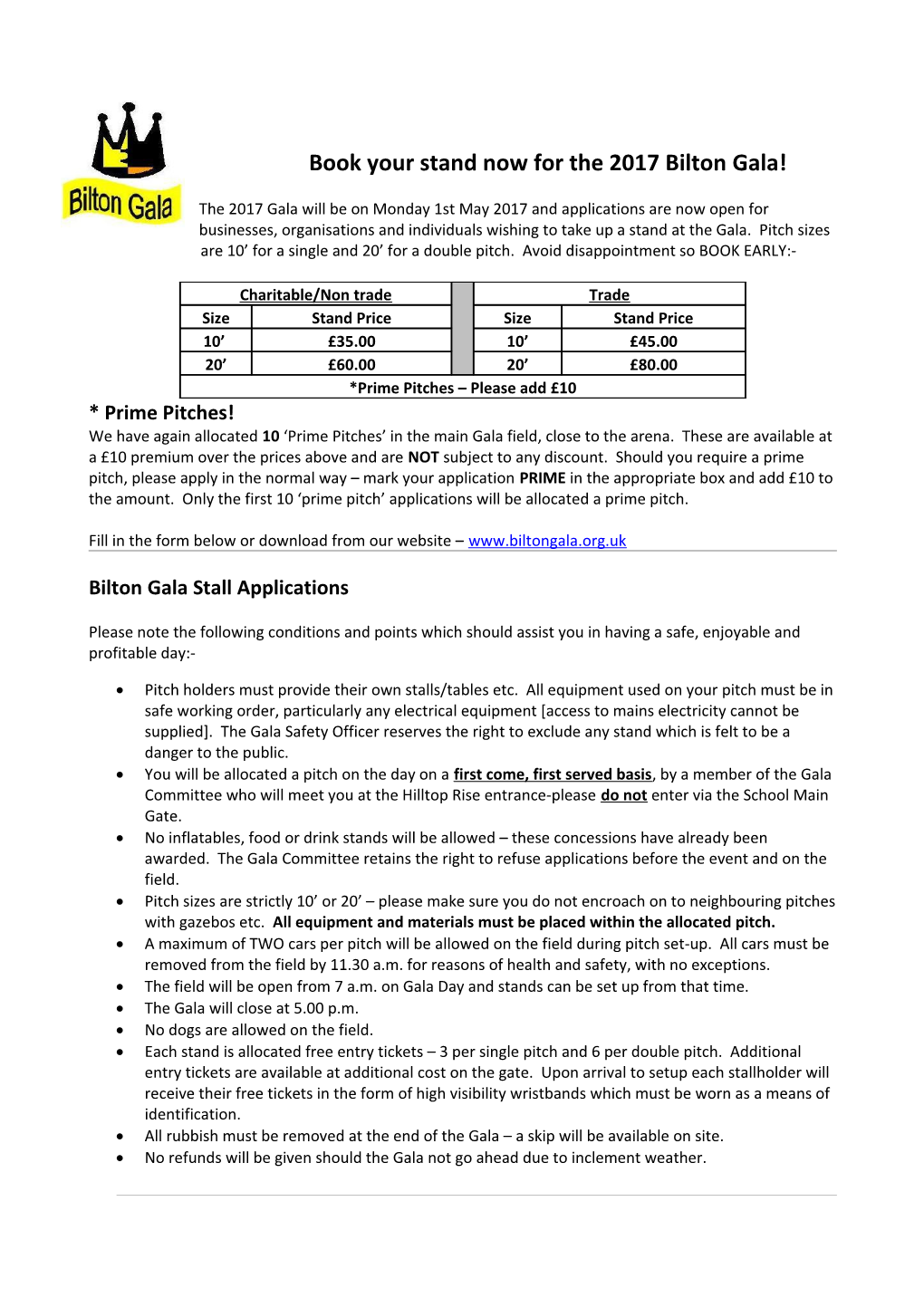 Bilton Gala Stand Application Form