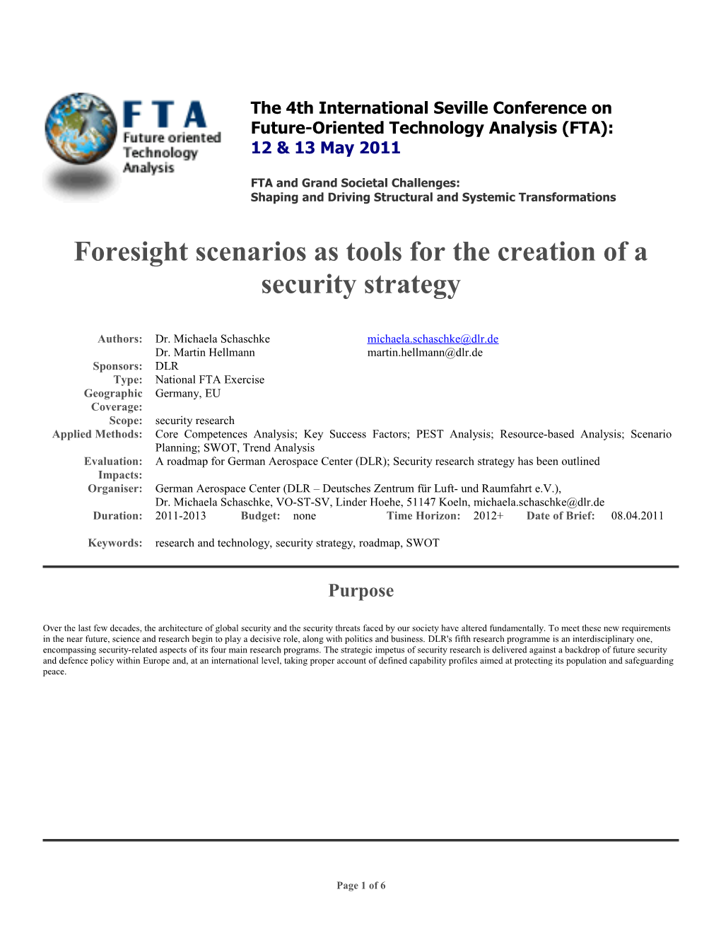 Foresight Scenarios As Tools for the Creation of a Security Strategy