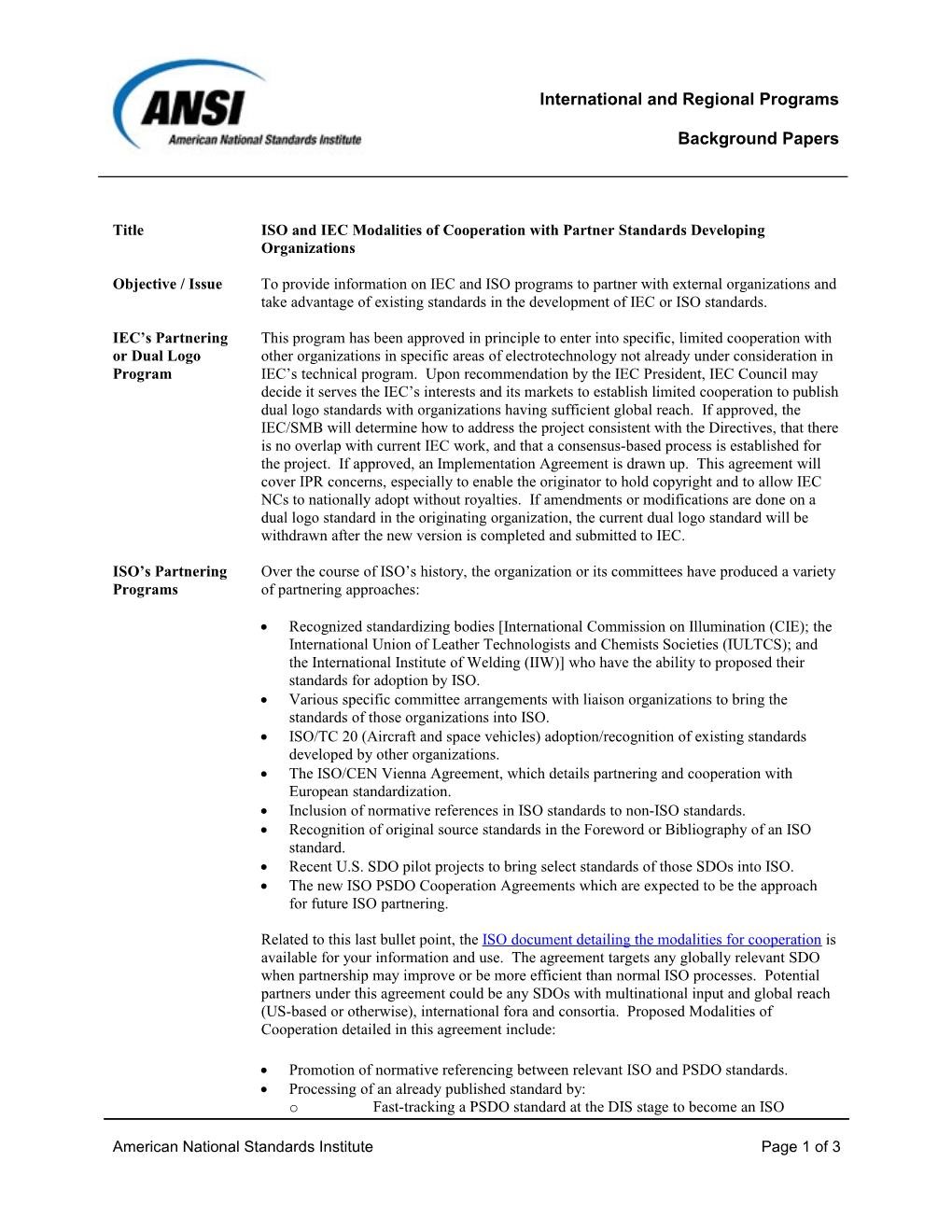 ISO and IEC Modalities of Cooperation with Partner Standards Developing Organizations