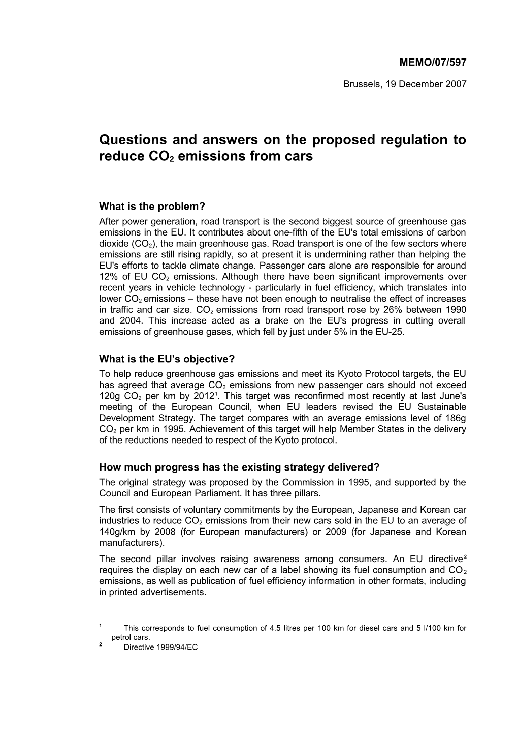 Questions and Answers on the Proposed Regulation to Reduce CO2 Emissions from Cars