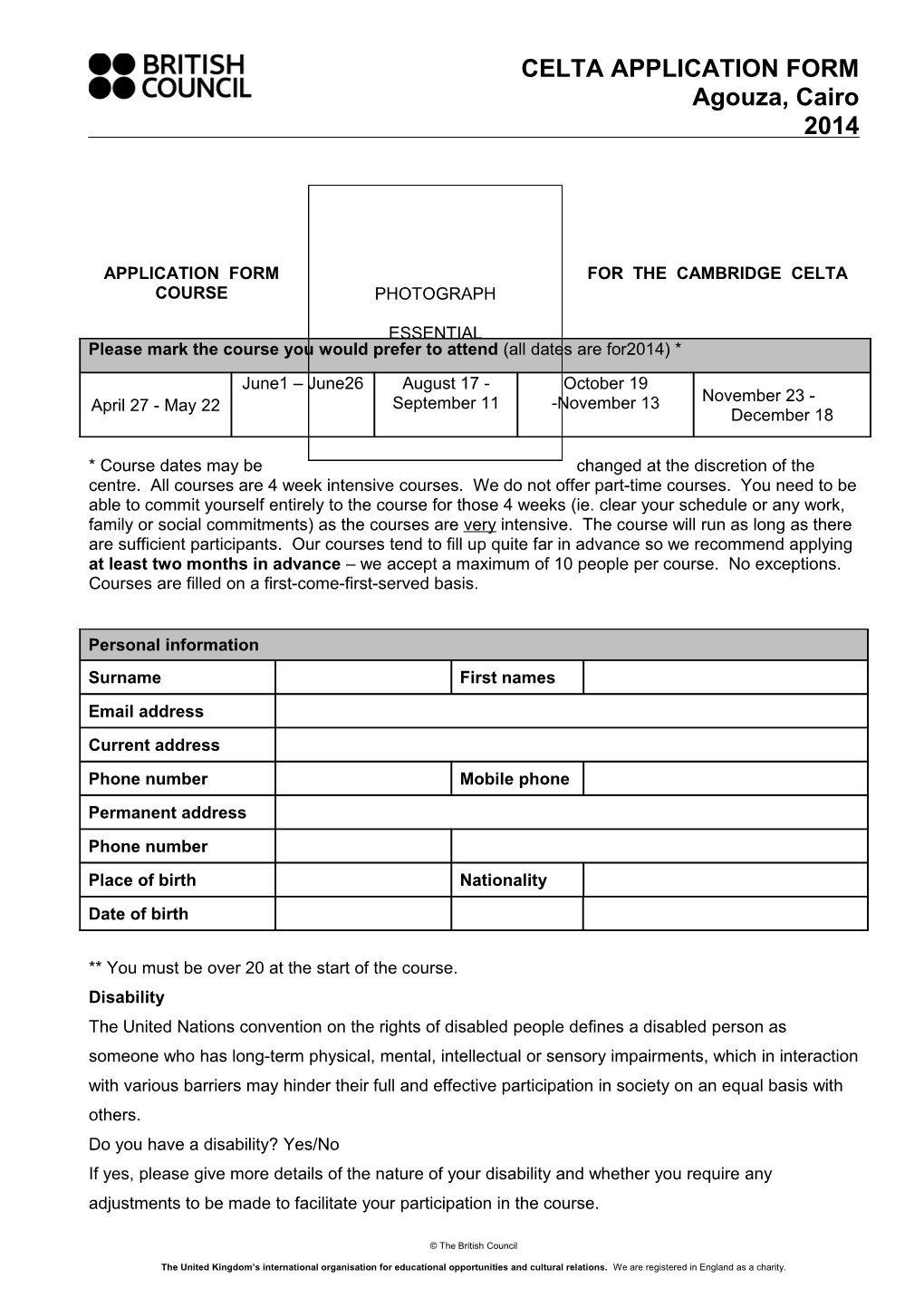 Application Form for the Cambridge Celta Course