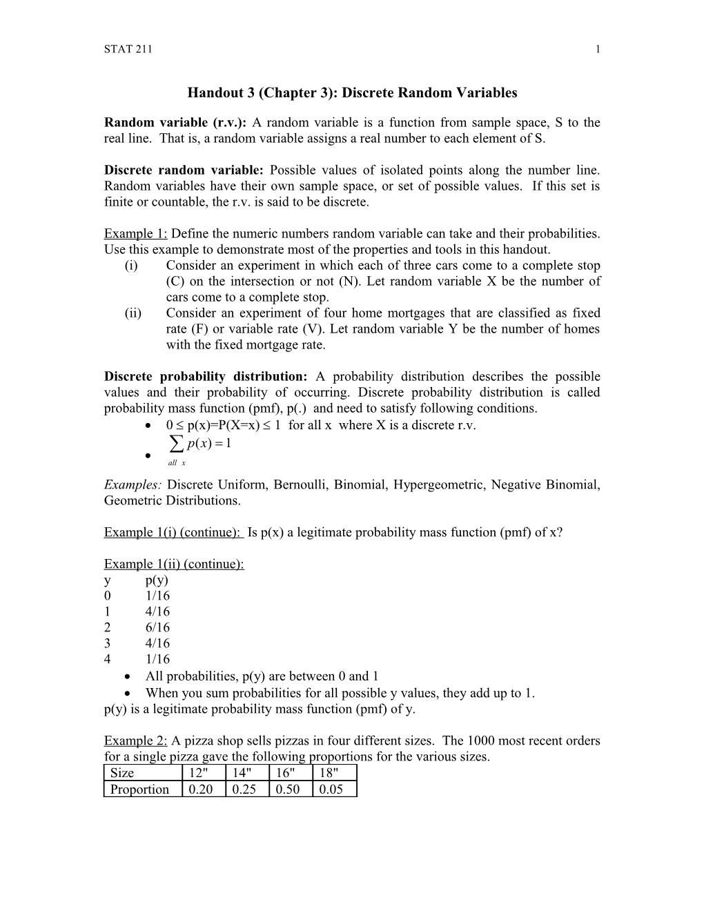 Handout 3 (Chapter 3): Discrete Random Variables