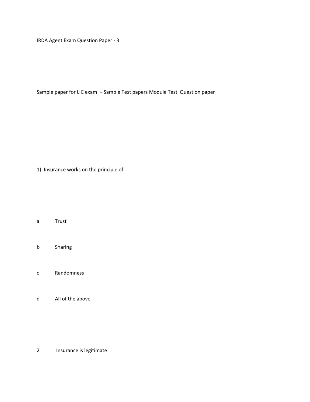 IRDA Agent Exam Question Paper - 3
