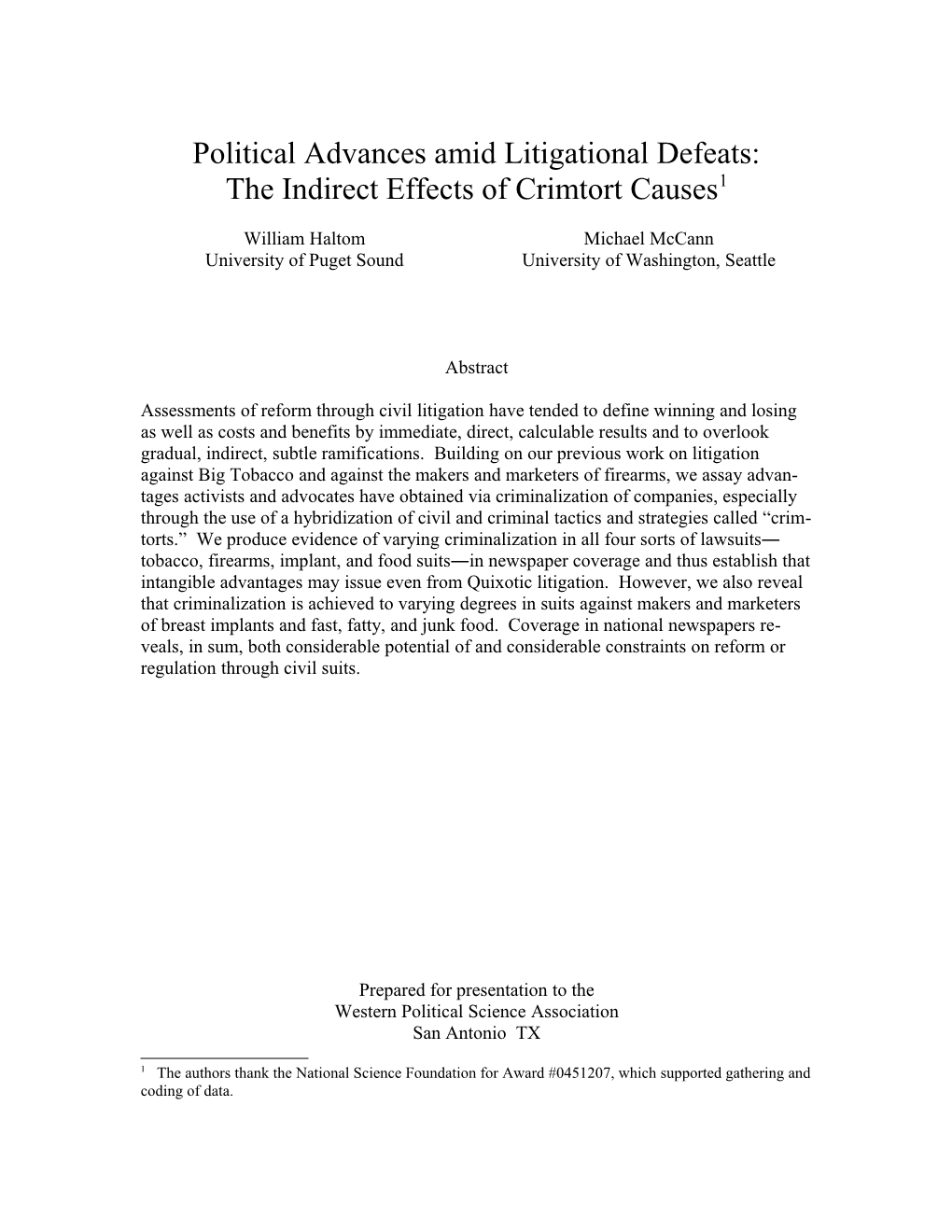 Political Advances Amid Litigational Defeats: the Indirect Effects of Crimtort Causes