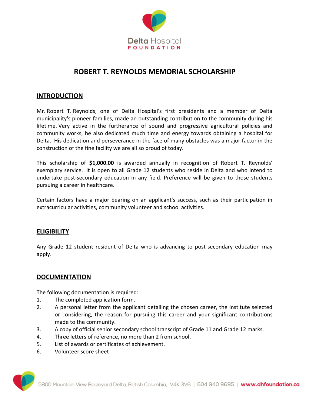 Robert T.Reynolds Memorial Scholarship