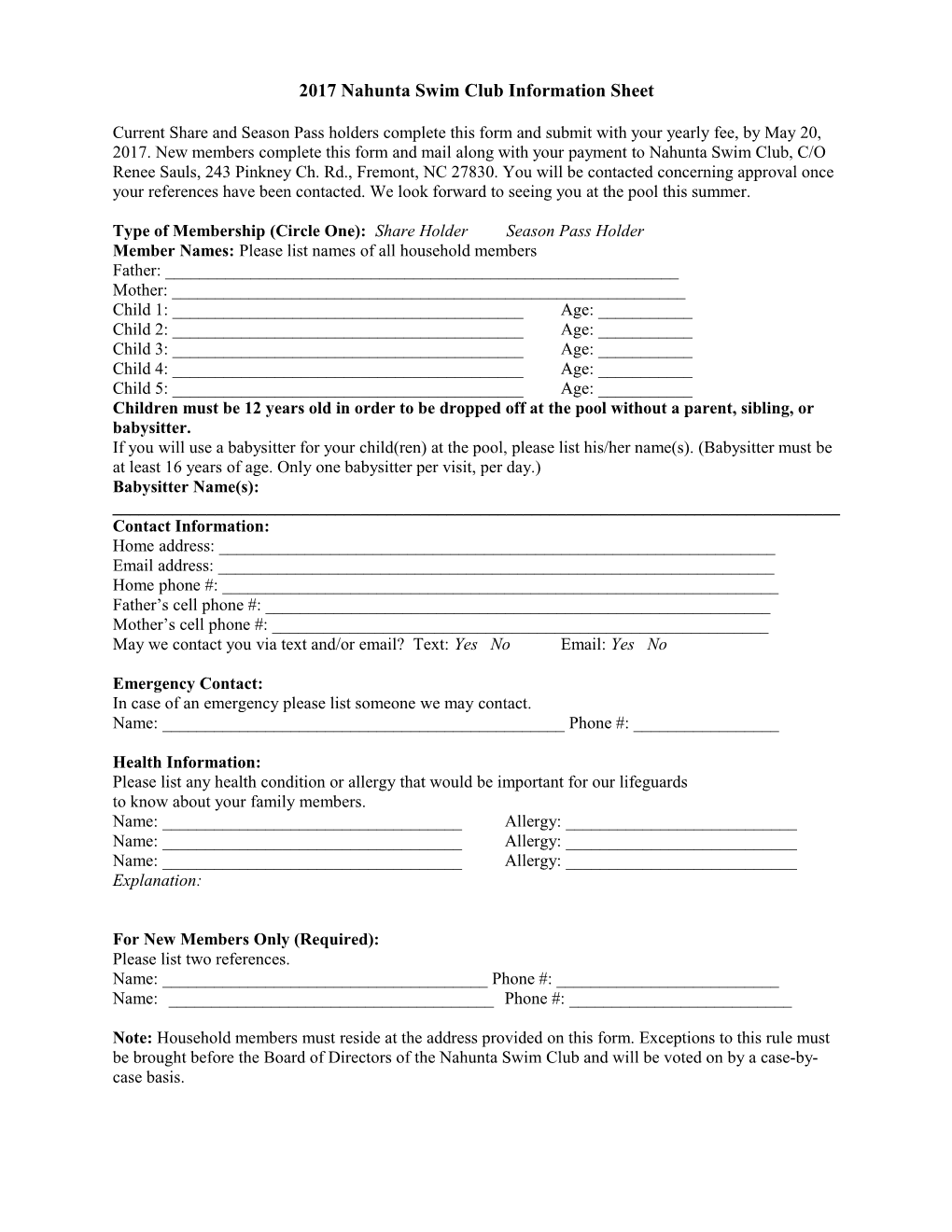 2017 Nahunta Swim Club Information Sheet