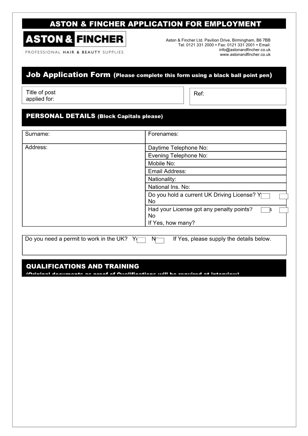 Aston & Fincher Application for Employment