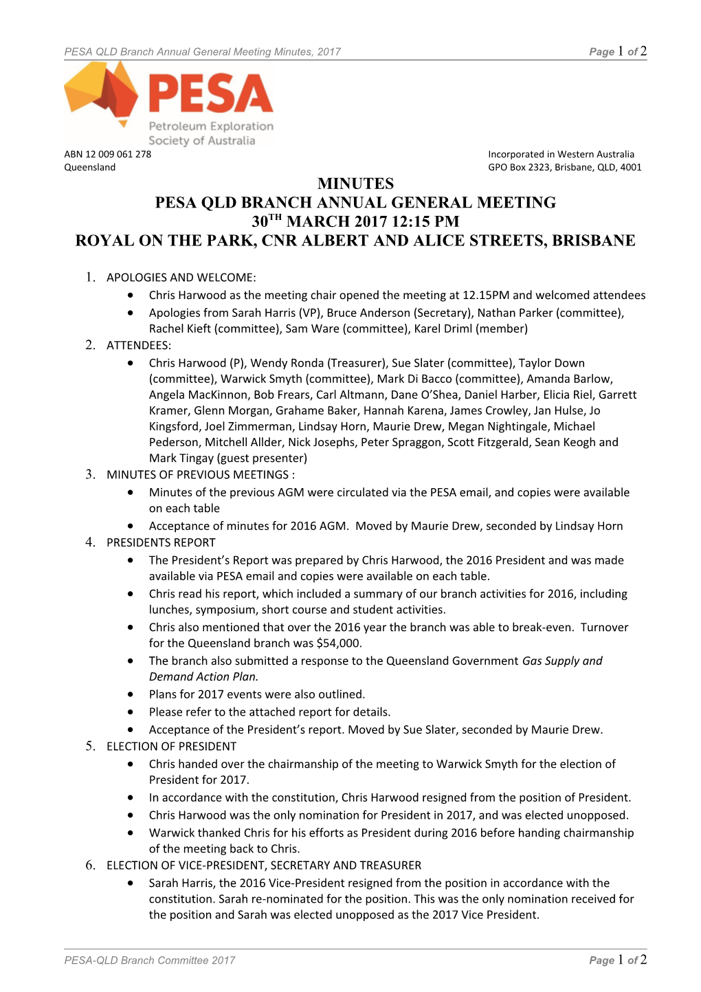 PESAQLD Branch Annual General Meeting Minutes, 2017 Page 1 of 2