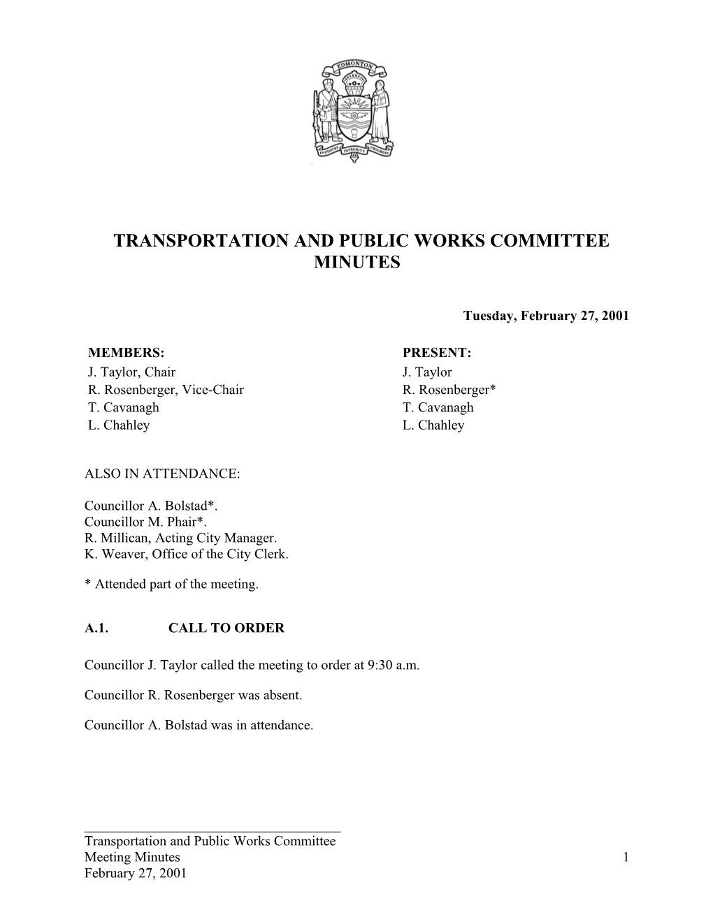 Minutes for Transportation and Public Works Committee February 27, 2001 Meeting