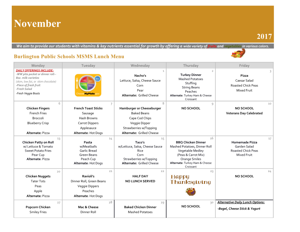 Burlington Public Schools MSMS Lunch Menu