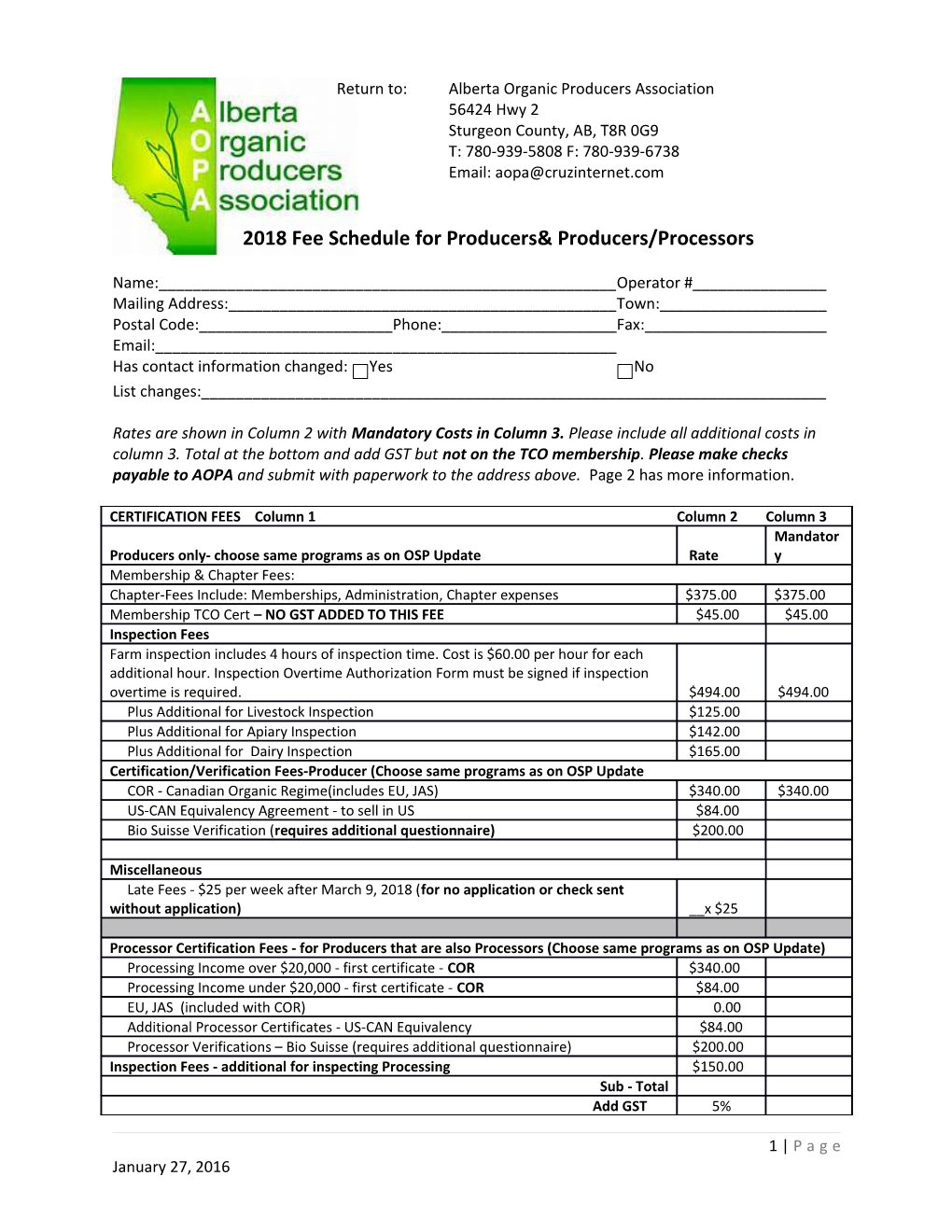 2018Fee Schedule for Producers& Producers/Processors