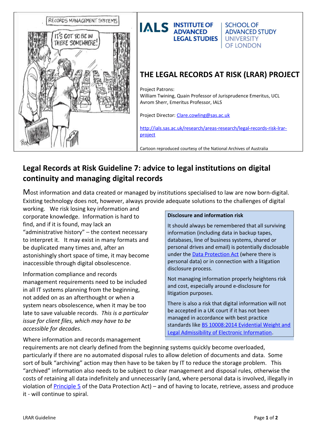 Legal Records at Risk Guideline 7: Advice to Legal Institutions on Digital Continuity