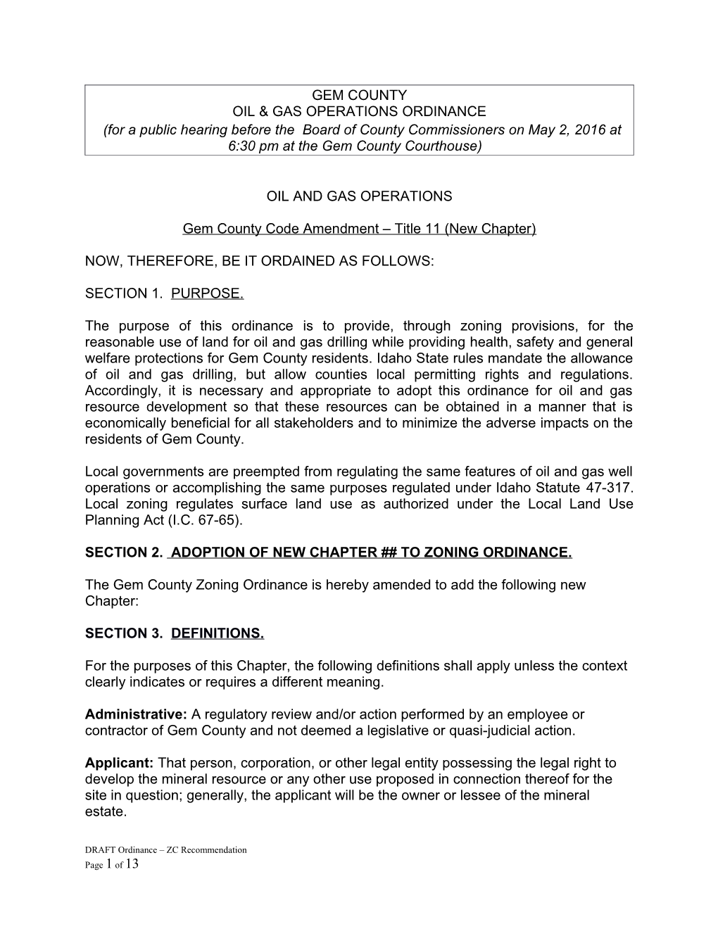 Oil & Gas Operations Ordinance