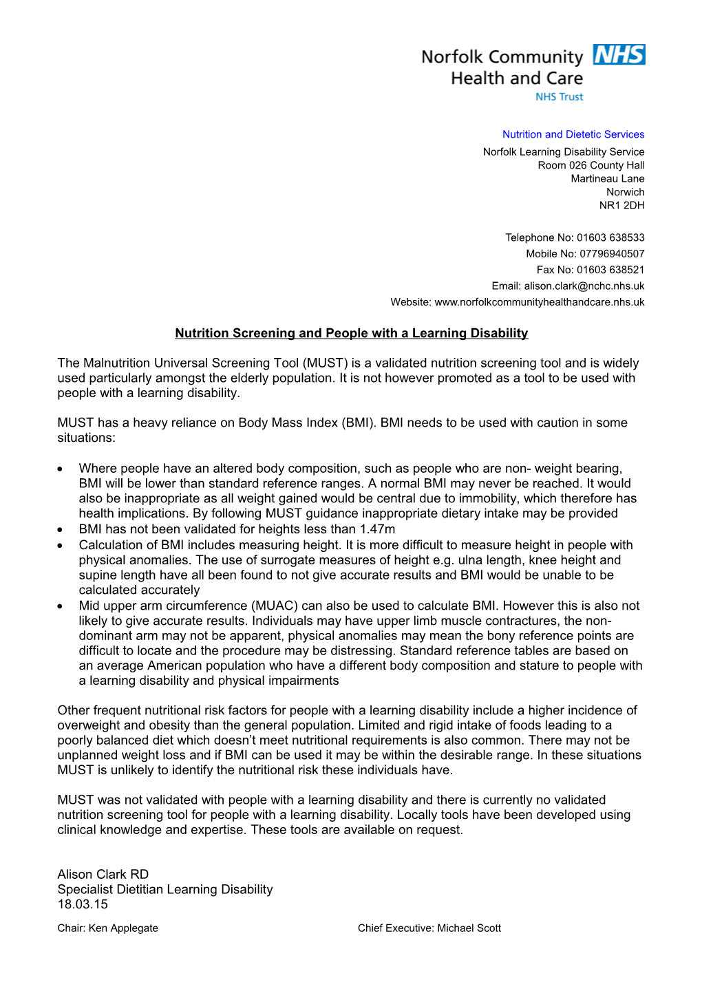 Nutrition Screening and People with a Learning Disability