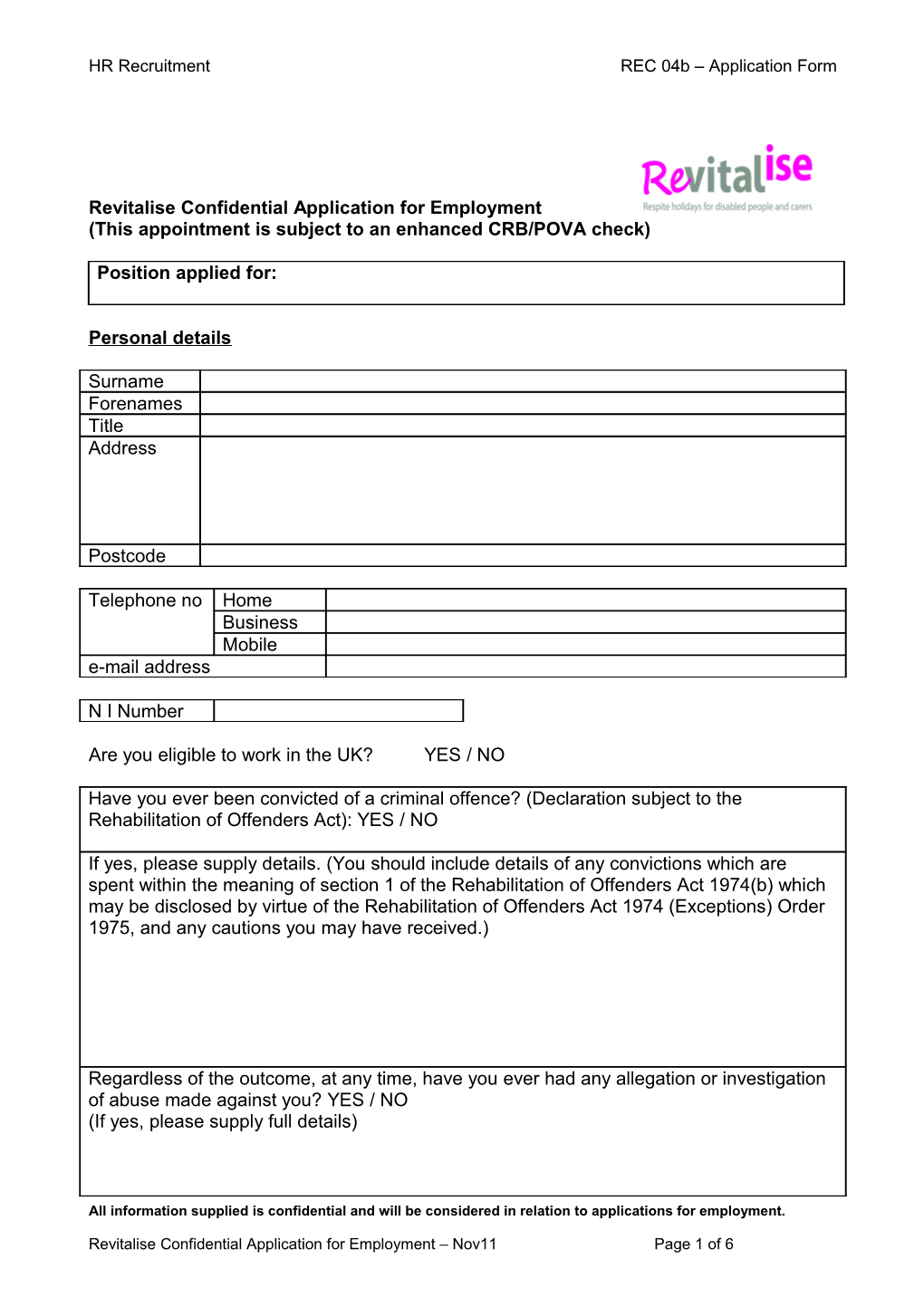 Vitalise Confidential Application for Employment