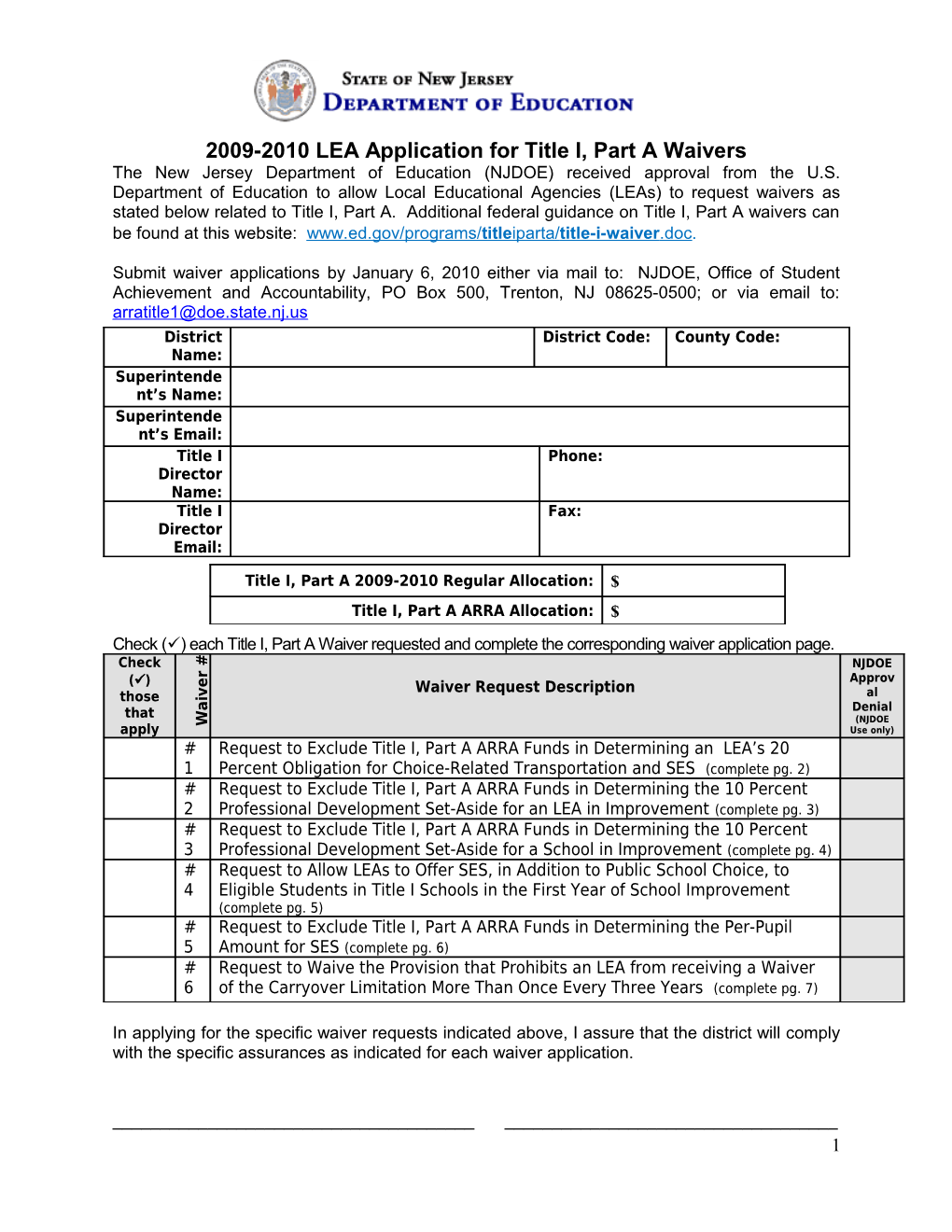 2009-2010 LEA Application for Title I, Part a Waivers