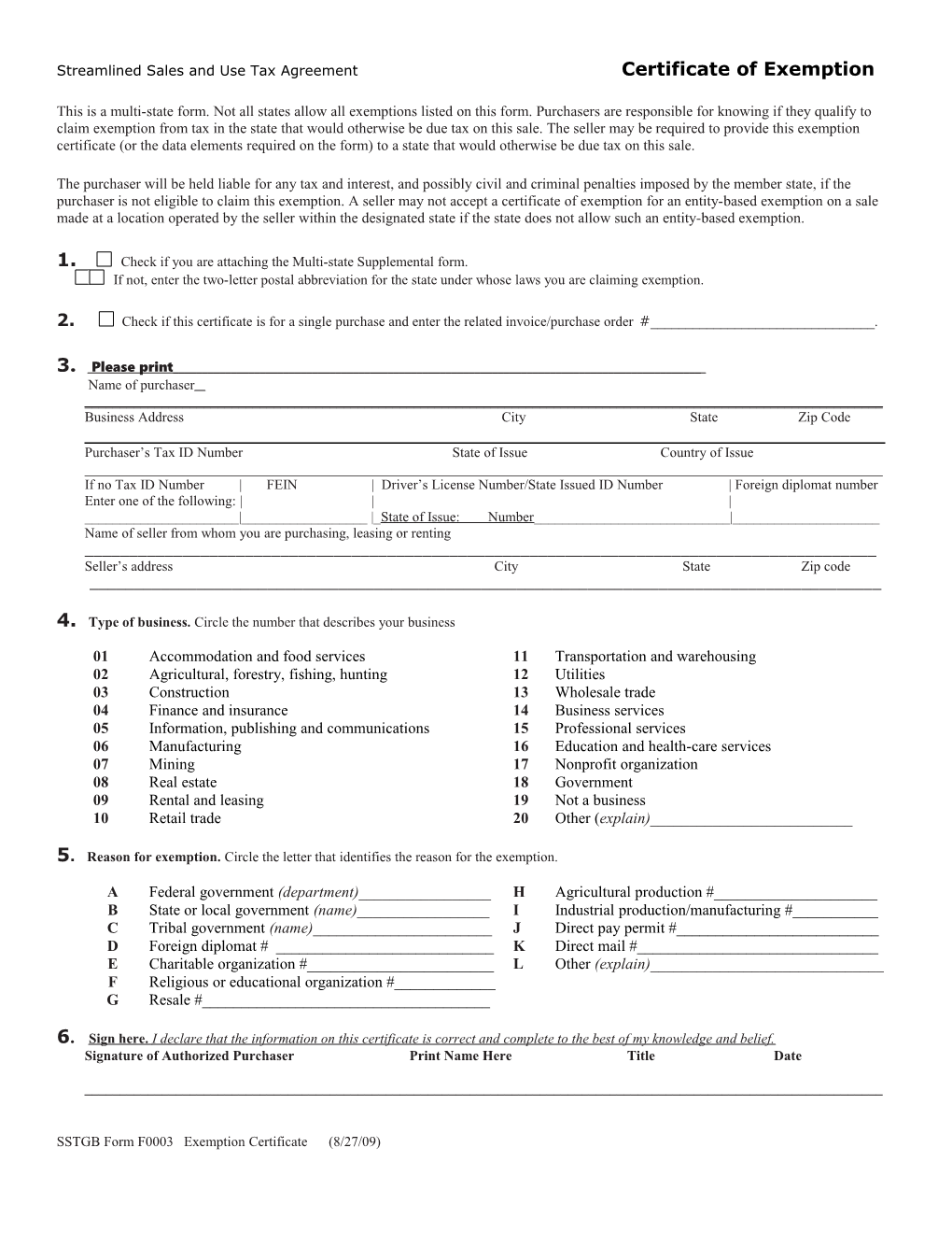 Streamlined Sales and Use Tax Agreement Certificate of Exemption