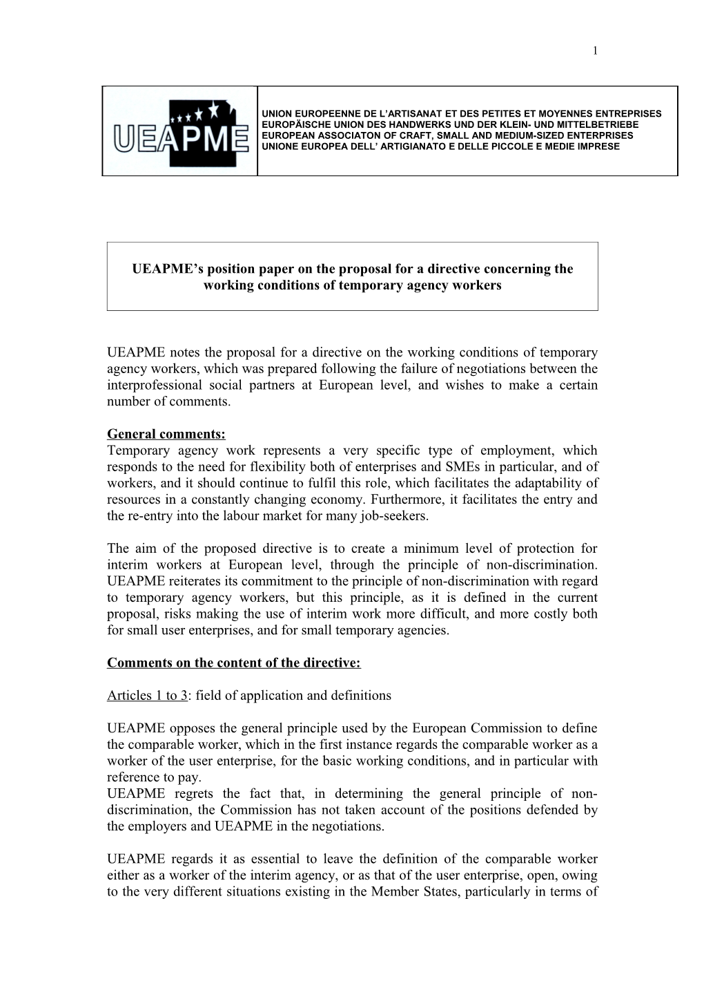 UEAPME S Position Paper on the Proposal for a Directive Concerning the Working Conditions