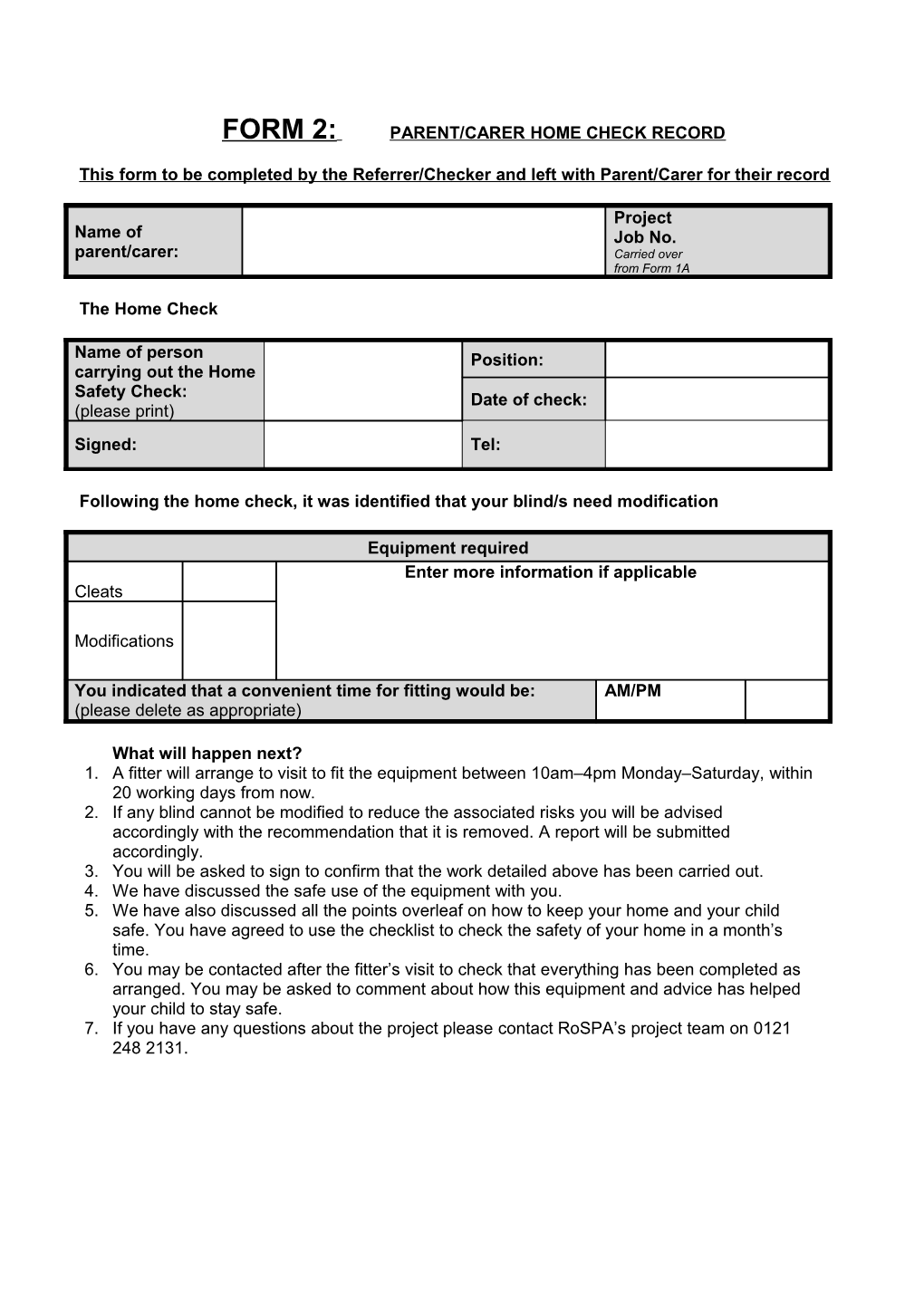 Form 2: Parent/Carer Home Check Record