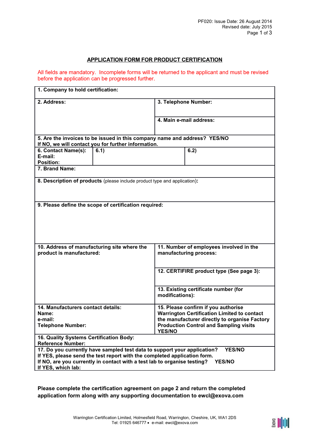 Application Form for Product Certification