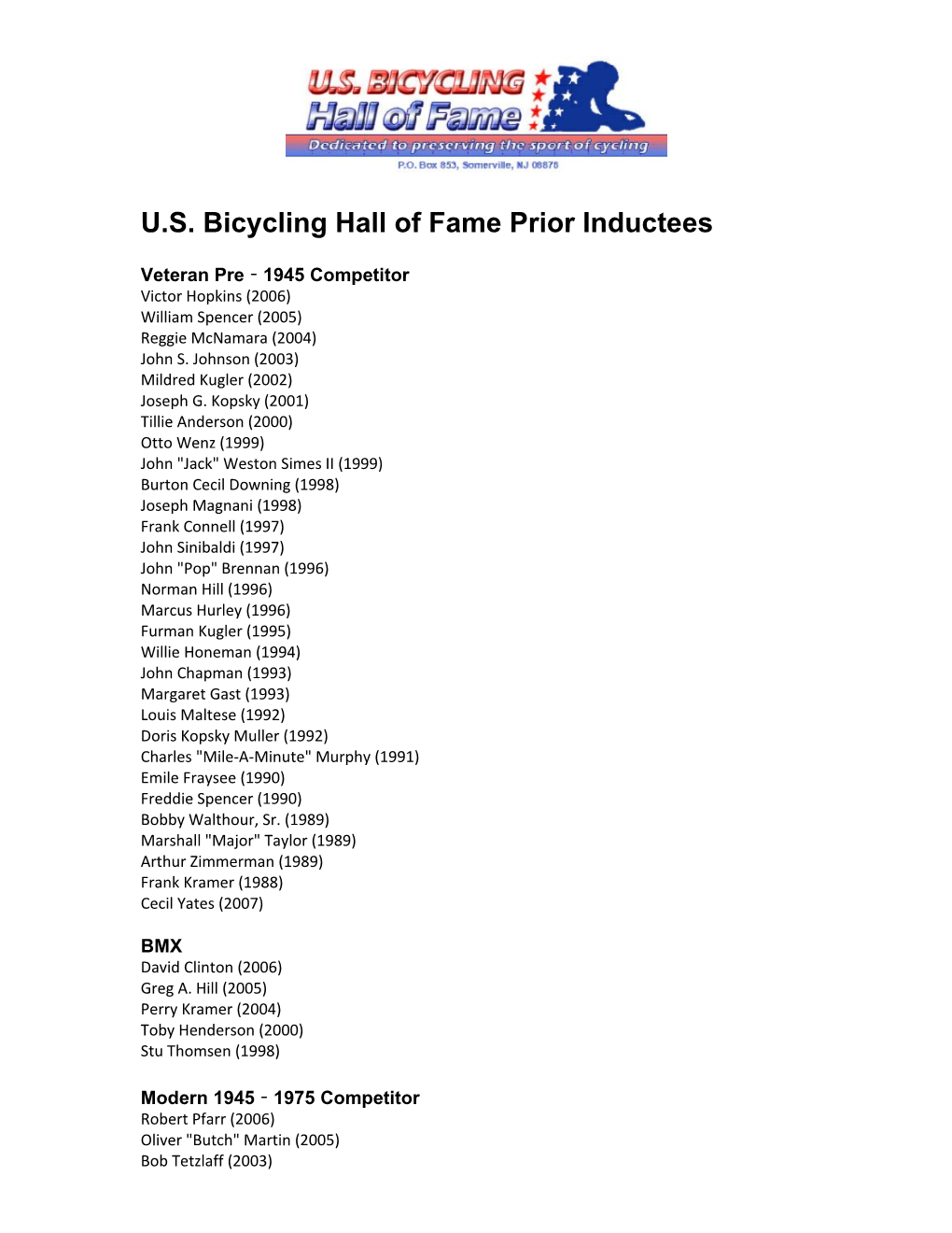 U.S. Bicycling Hall of Fame Prior Inductees