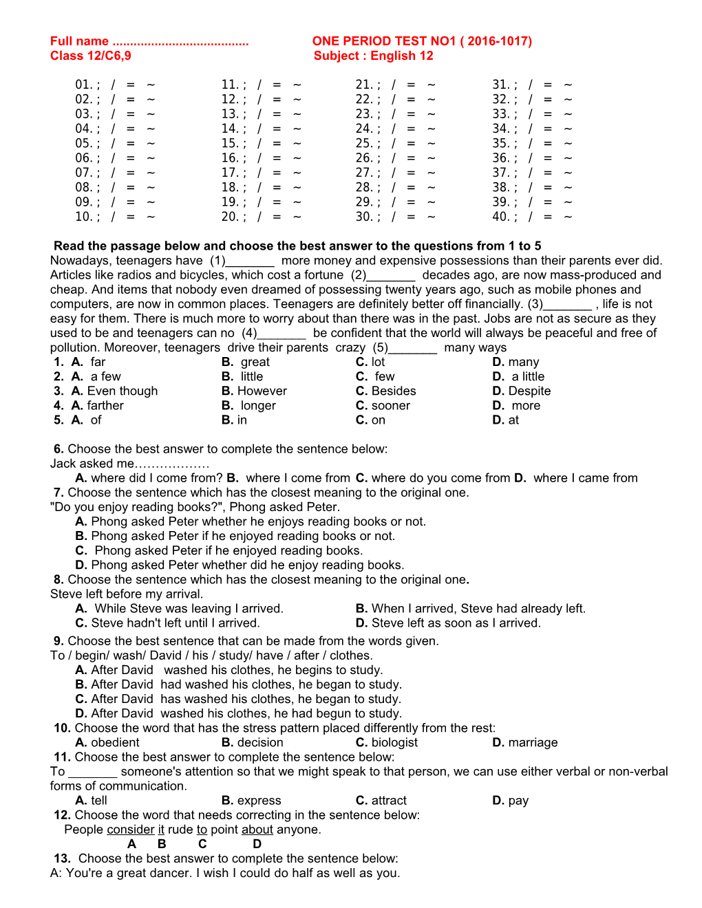 Full Name ONE PERIOD TEST NO1 ( 2016-1017)