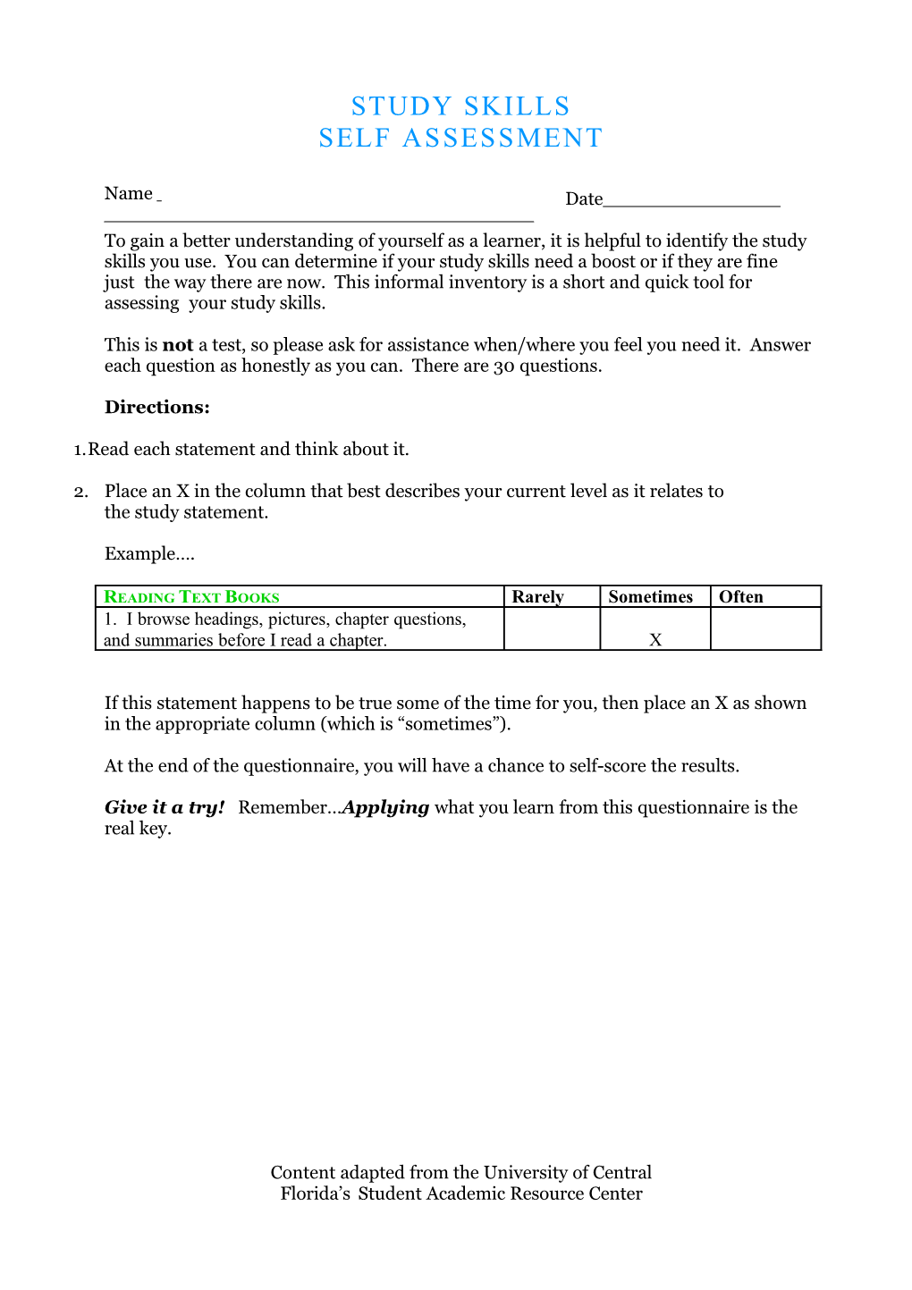 Study Skills Questionnaire