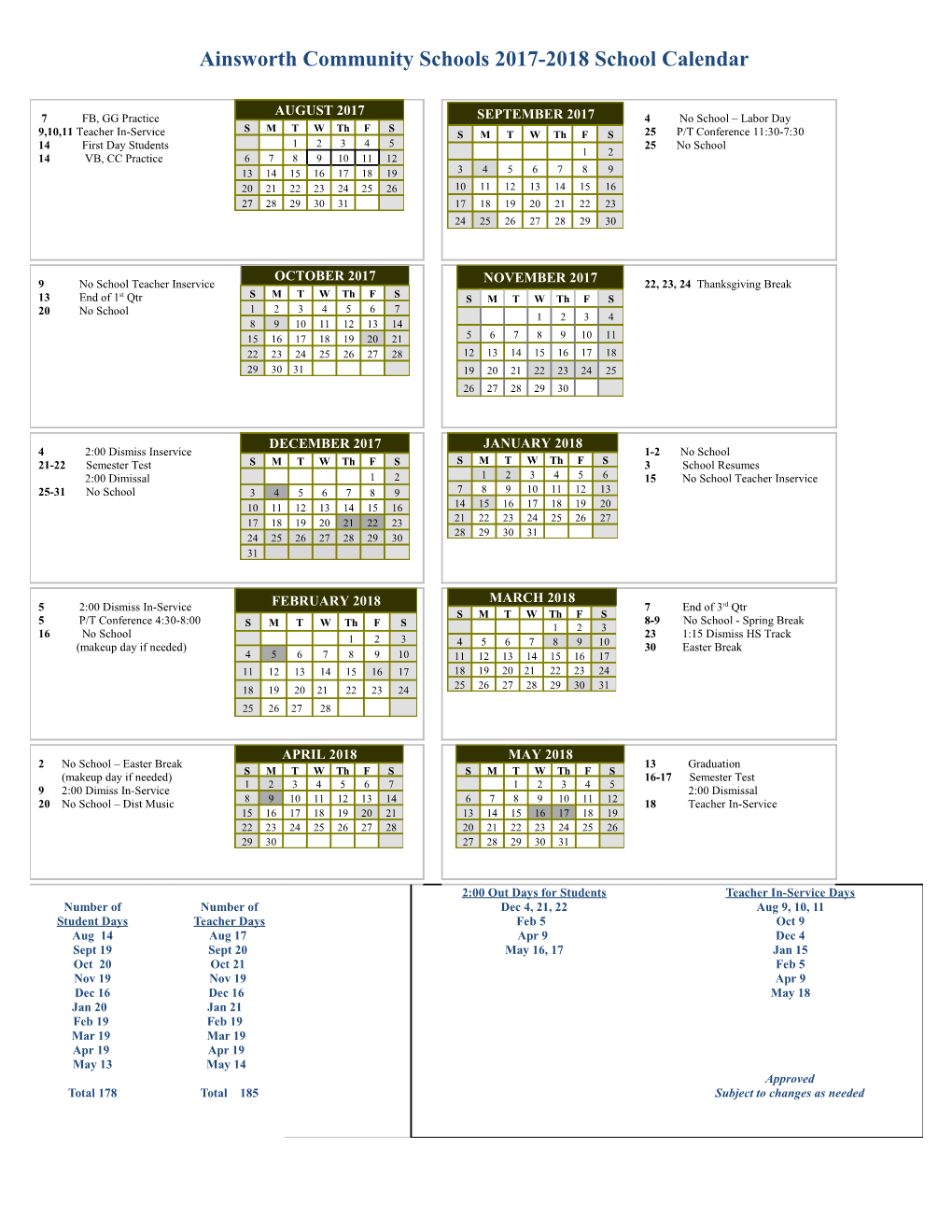 Ainsworth Community Schools 2017-2018 School Calendar